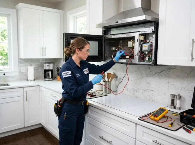Appliance Repair Hero technician testing an over-the-range microwave in a Albertson, NC kitchen